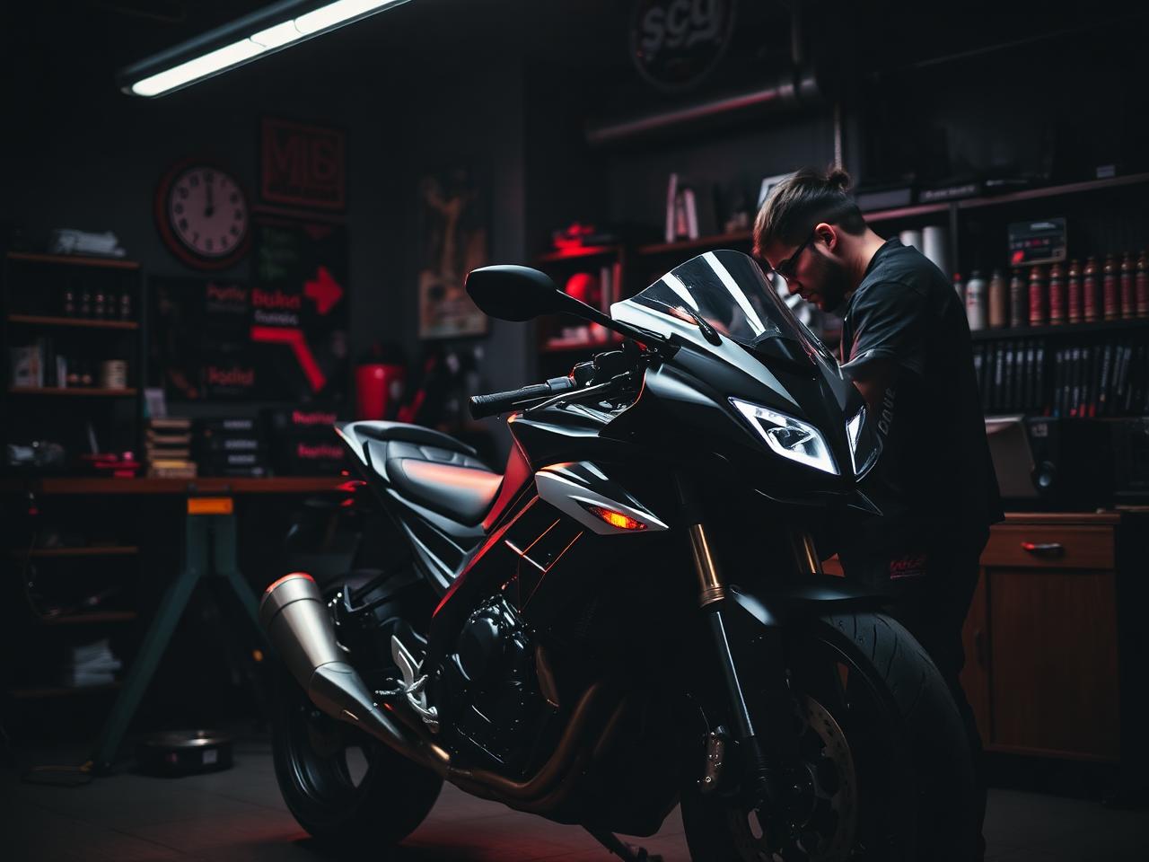 Mechanic servicing a large sport motorcycle at the Carioca Motorcycles workshop